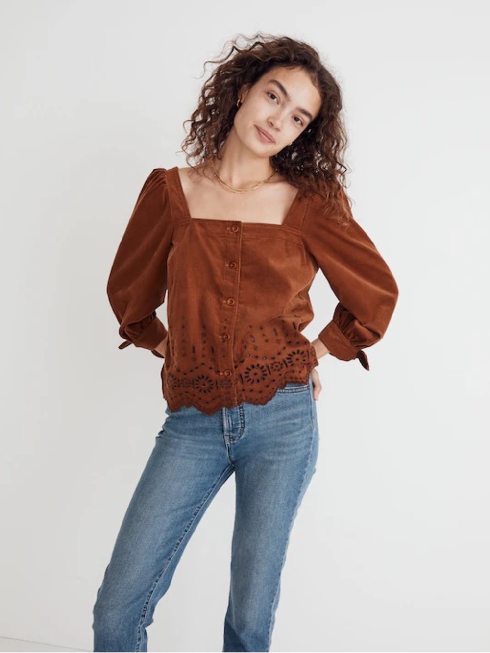 Madewell Embroidered Eyelet Corduroy Tie-Sleeve Top 🐻
